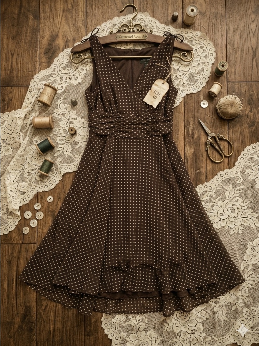 CONNECTED APPAREL Women’s Brown/Green Polka Dot V-Neck Midi Dress | Size 10 NWT